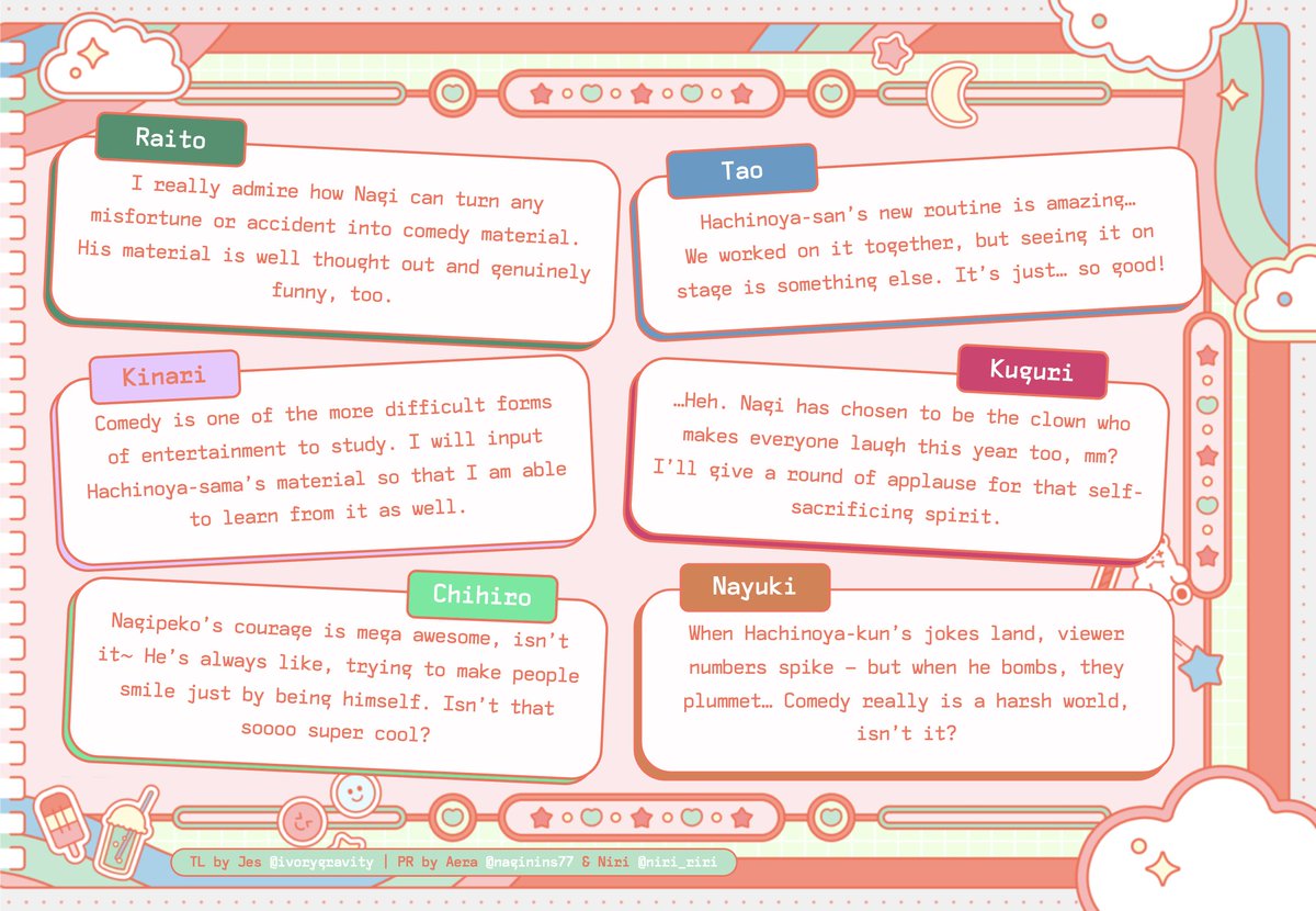ivorygravity's tweet image. here are my translations of every character's voiceline for nagi's 2025 birthday! #18TLip
thanks @naginins77 and @Niri_riri for proofreading &lt;3
happy birthday nagikun 💐💜
