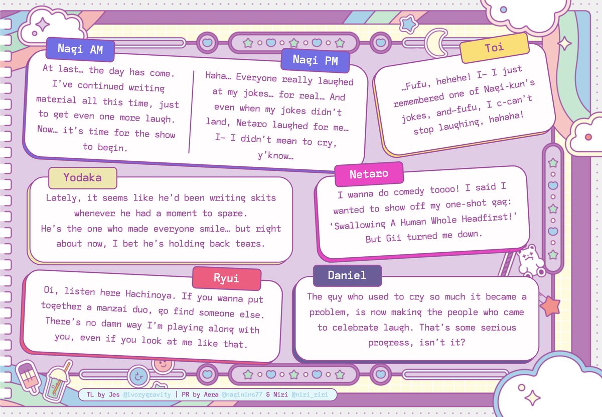 ivorygravity's tweet image. here are my translations of every character's voiceline for nagi's 2025 birthday! #18TLip
thanks @naginins77 and @Niri_riri for proofreading &lt;3
happy birthday nagikun 💐💜