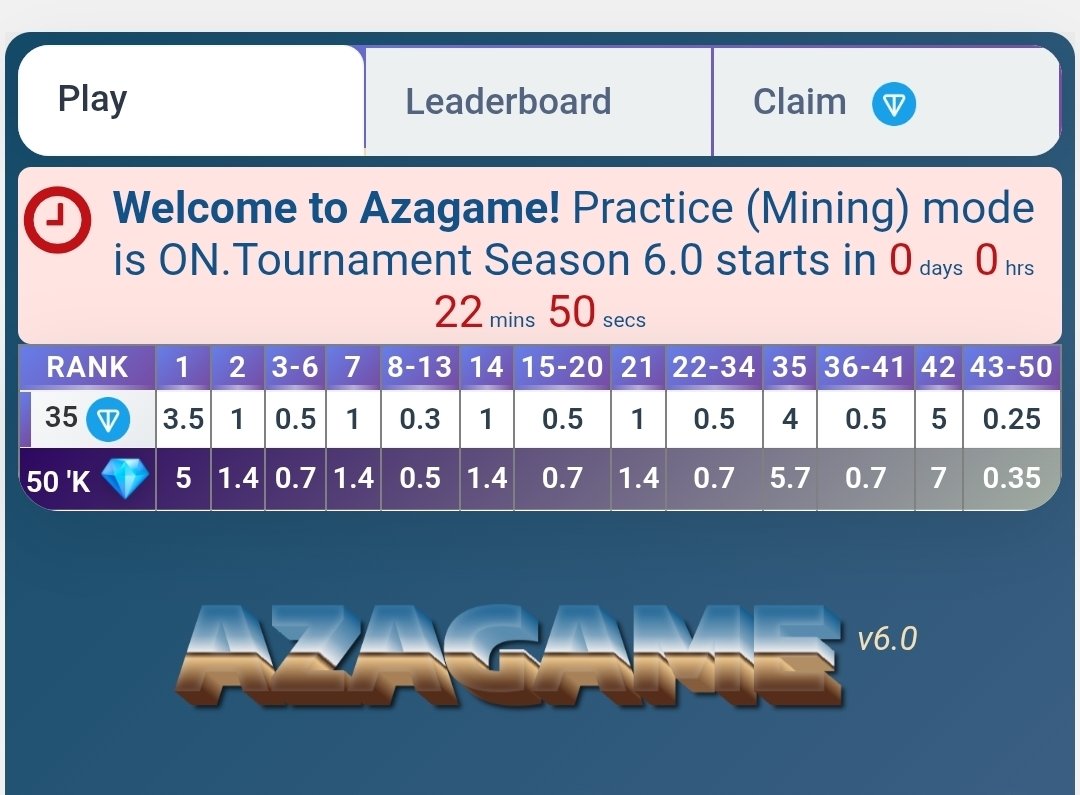 ProjectAzaland's tweet photo. Official Notice of Upcoming #Azagame Tournament!

Its Azagame Tournament 6.0! And its FREE tonplay!

Same prize pool: 35 $TON
Top 50 players.

Play at https://t.co/7Dh89nRi71 

Full details at https://t.co/2V6Aksavb7 https://t.co/HUNImsWdhO