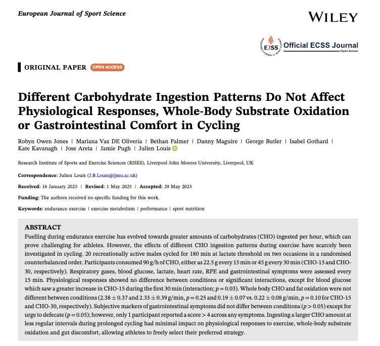 Brady Holmer (@b_holmer) on Twitter photo Should you consume carbs more or less frequently during exercise?
Probably doesn't matter.
In a new study, researchers had male cyclists ride for 3 hours at lactate threshold while ingesting 90 grams  oe carbs per hour in one of two patterns:
1. 22.5 grams every 15 minutes or Should you consume carbs more or less frequently during exercise?
Probably doesn't matter.
In a new study, researchers had male cyclists ride for 3 hours at lactate threshold while ingesting 90 grams  oe carbs per hour in one of two patterns:
1. 22.5 grams every 15 minutes or