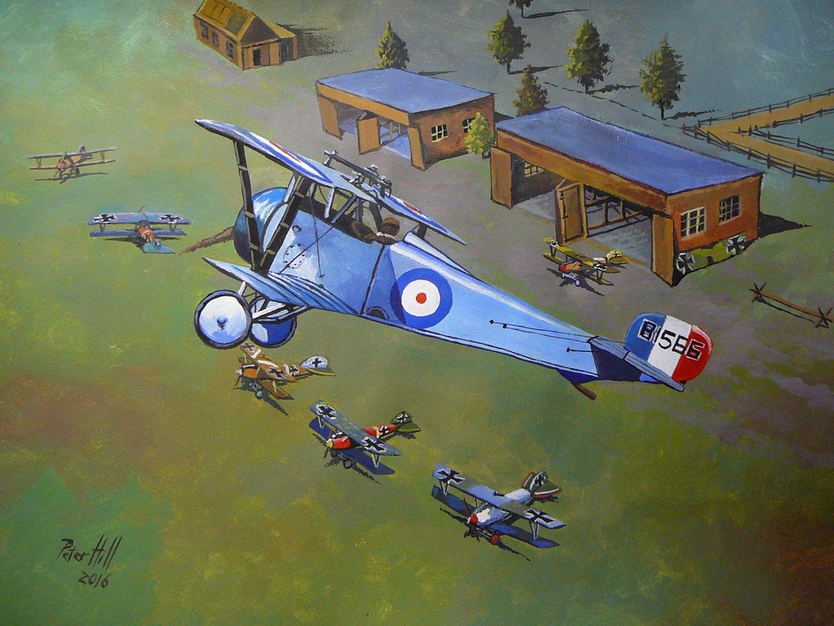 petehill854's tweet image. Painting l did in 2016.
Canadian WW1 ace William ‘Billy’ Bishop on a lone sortie over a German aerodrome in 1917.
Acrylic on paper 42 x 29cm