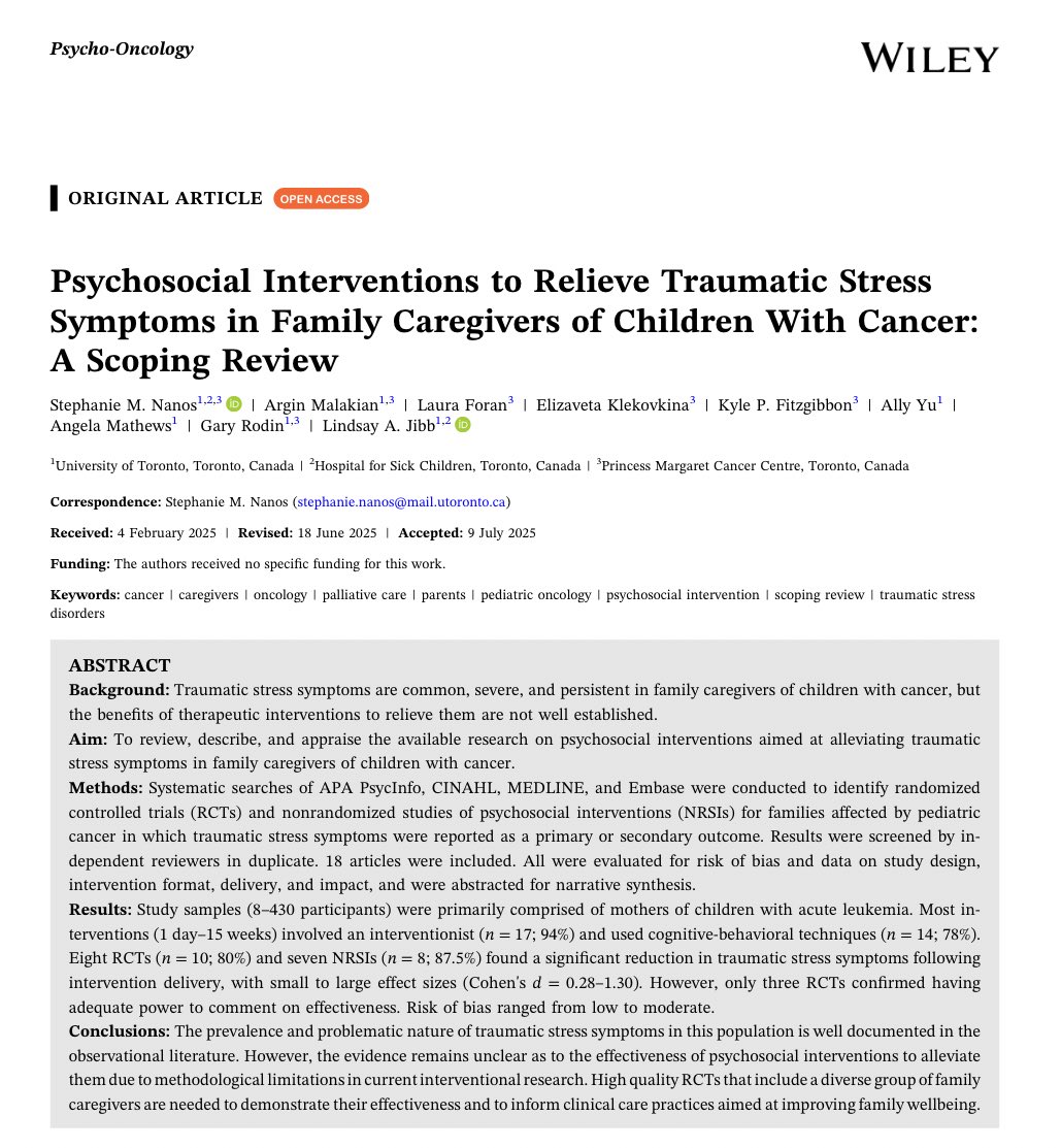 PsyOnc's tweet image. 🎗️ Family caregivers of children w cancer often face severe, lasting traumatic stress, but are current interventions effective? @gary_rodin
🧠 This review @PsyOnc finds promising results, yet highlights major gaps in trial quality & caregiver diversity
onlinelibrary.wiley.com/doi/10.1002/po…