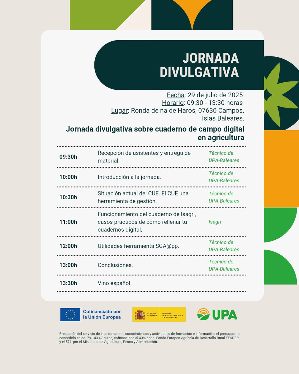 RAICES_info's tweet image. 📢🌴 ¡El cuaderno de campo digital llega a las Islas! 

Nueva jornada divulgativa sobre digitalización agrícola para aprender a manejar el cuaderno de campo de Isagri paso a paso 🔝

🗓 29/7
🕘 09:30-13:30h
📍 Islas Baleares
✍ Inscríbete ya: digitupa.raices.info/inscripcion/?i…