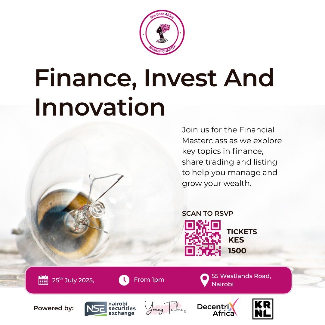 SaruniBM's tweet image. Want to learn how to trade stocks and grow your passive income? @SheCodeAfrica and the NSE are hosting a masterclass on Fri 25 Jul, 1pm at 55 Westlands Rd.
Limited slots: vabu.app/l/Z3gop