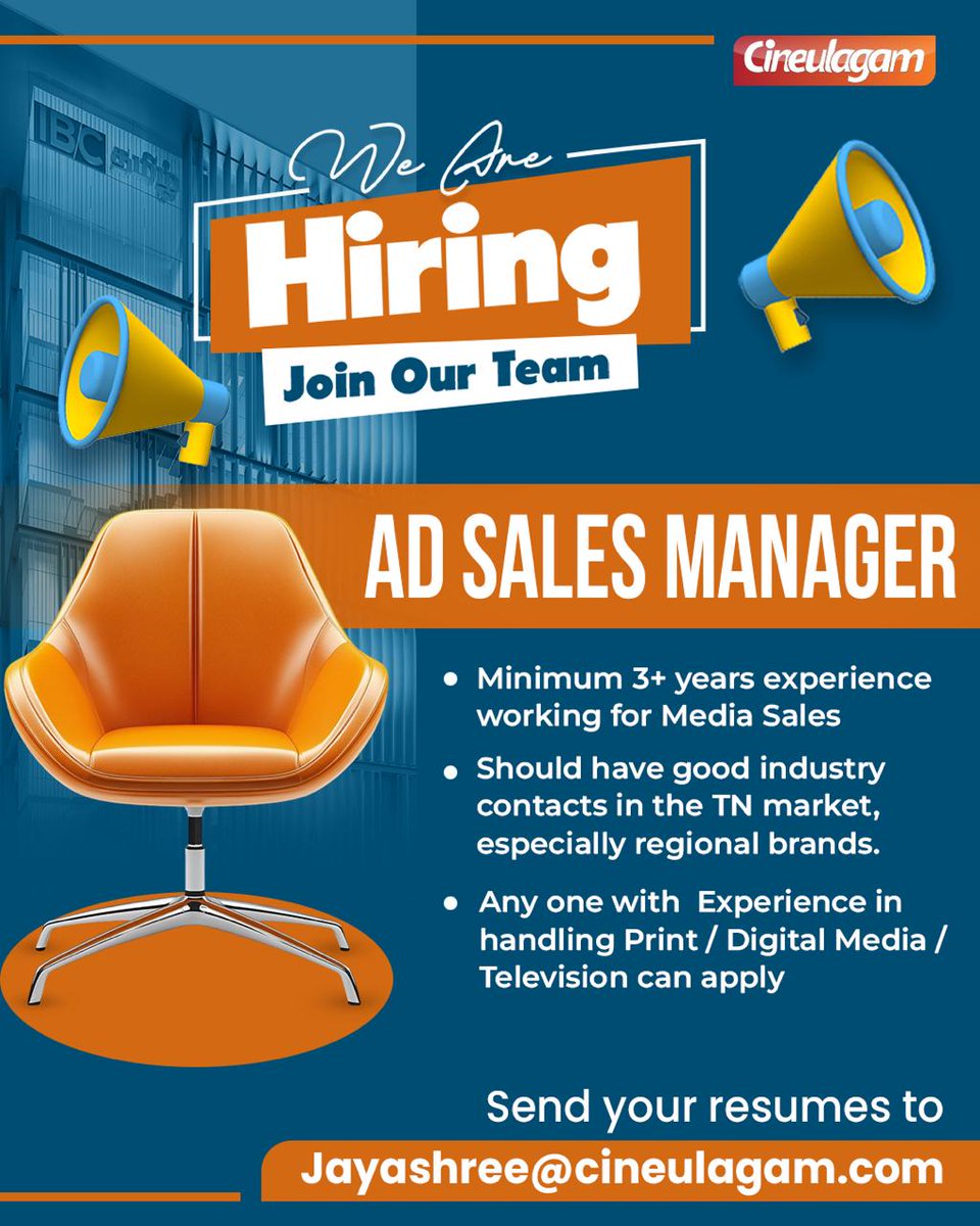 ibctamilmedia's tweet image. SEND YOUR RESUMES TO jayashree@cineulagam.com

#Hiring #TamilNews #SalesManager #IBCTamil