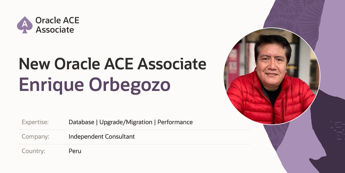 oracleace's tweet image. 🚀 Thrilled to announce Enrique Orbegozo has joined the Oracle ACE Program as an ACE Associate! Coming from Peru and focused on Oracle Database, @enriqueorbegozo is a fantastic addition!
social.ora.cl/60114aK23
#OracleACE