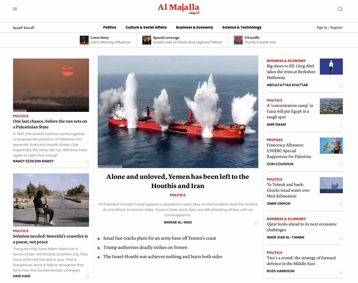 AlMajallaEN's tweet image. #AlMajalla Today👇
From #Yemen’s descent into Houthi and Iranian control, to the fading hopes for a Palestinian state, and a leadership handover at Berkshire Hathaway, these stories reflect pivotal moments in politics, conflict, and business.
en.majalla.com