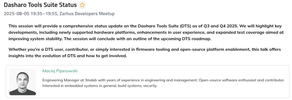 Zarhus_com's tweet image. Our last guest at Zarhus Developers Meetup #2 is @macpijan, who will provide a comprehensive status update on the @Dasharo_com Tools Suite (DTS) for Q3 and Q4 2025.
👉 events.dasharo.com/event/6/zarhus…