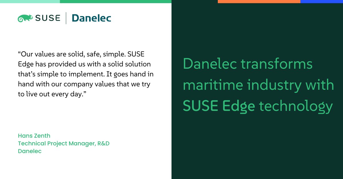 SUSE's tweet image. 📣 @DanelecMarine adopted #SUSEEdge to innovate maritime #EdgeComputing, aiming to exceed its customers' needs. This led to significant savings for customers through improved efficiencies, compliance, scalability & data reporting. 👉Read the success story: okt.to/HvXClf