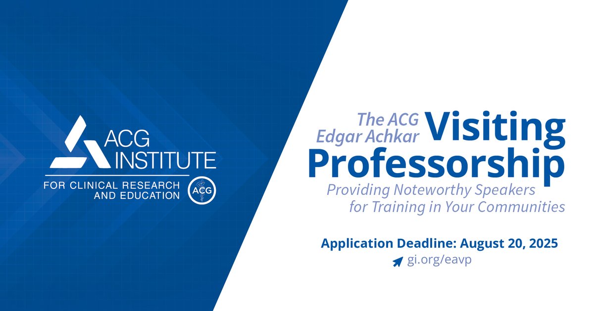 ACG (@amcollegegastro) on Twitter photo GI Training Programs: Apply for an ACG Edgar Achkar Visiting Professorship!
Host nationally recognized speakers to enhance your program's educational offerings.
Applications are due by August 20:
➡️gi.org/eavp
#GIfellows, tag your program below!👇
<a href="/NeenaSAbrahamMD/">Neena S Abraham MD MACG FASGE AGAF</a> GI Training Programs: Apply for an ACG Edgar Achkar Visiting Professorship!
Host nationally recognized speakers to enhance your program's educational offerings.
Applications are due by August 20:
➡️gi.org/eavp
#GIfellows, tag your program below!👇
<a href="/NeenaSAbrahamMD/">Neena S Abraham MD MACG FASGE AGAF</a>