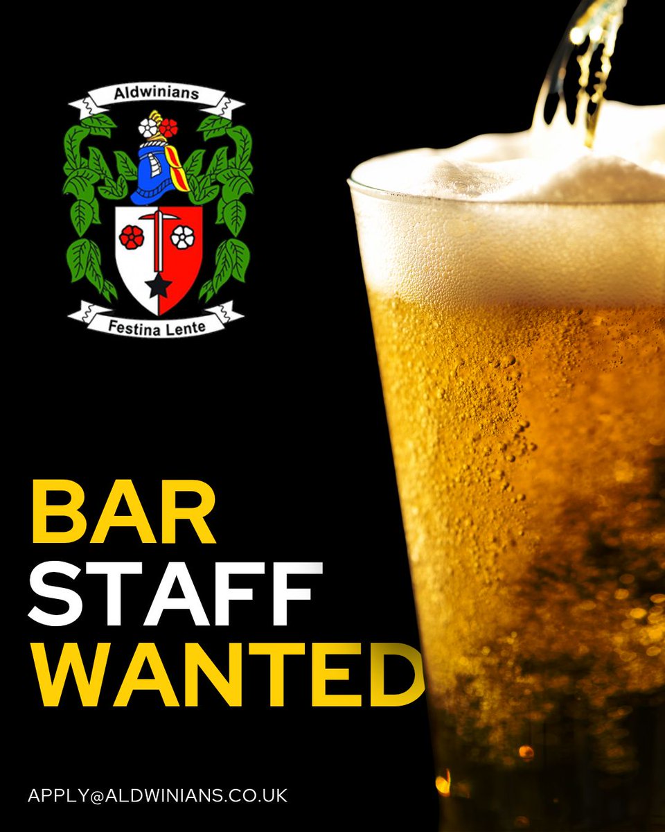 Aldwinians RUFC (@aldwinians_rufc) on Twitter photo π» We're hiring bar staff!
Join the team at Aldwinians RUFC β friendly faces, flexible hours & a great club atmosphere.
Evenings/weekends
Experience needed
π§ Apply@aldwinians.co.uk
#BarJobs #AldwiniansRUFC #JoinTheTeam #RugbyClubJobs π» We're hiring bar staff!
Join the team at Aldwinians RUFC β friendly faces, flexible hours & a great club atmosphere.
Evenings/weekends
Experience needed
π§ Apply@aldwinians.co.uk
#BarJobs #AldwiniansRUFC #JoinTheTeam #RugbyClubJobs