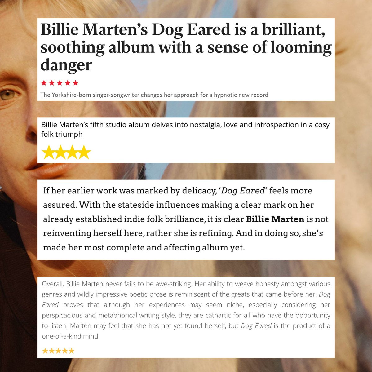 singularartists's tweet image. Dog-Eared : @BillieMarten
out now via @FictionRecords
"a brilliant, soothing album"
@Independent ⭐️⭐️⭐️⭐️⭐️
“a particularly brilliant left turn”
@uncutmagazine 8/10
SEE IT LIVE :
@Vicar_Street || 5th Nov
@belfastEmpire || 6th Nov
TICKETS ⬇️
singularartists.ie/show/billie-ma…