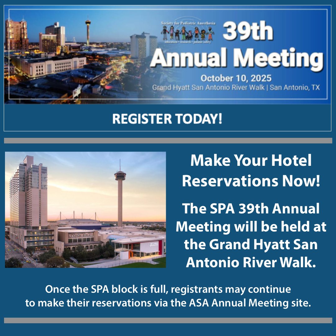 PediAnesthesia's tweet image. Reserve Your Hotel Room for SPA's 39th Annual Meeting!
A limited block of rooms has been reserved to ensure those who want to stay at the Grand Hyatt can stay where the SPA Annual Meeting is held.
Reserve now: ow.ly/pynC50Wrv5n
#PedsAnes25 #PedsAnes #PediatricAnesthesia