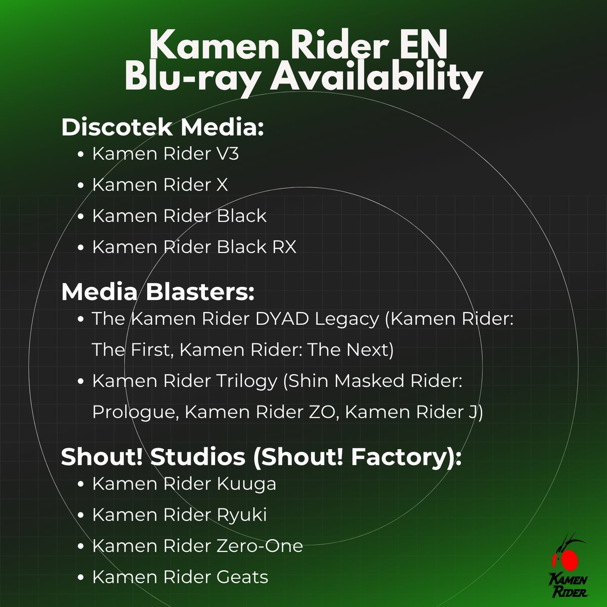 KamenRider_EN's tweet image. Want to catch up on your favorite #KamenRider series? 📺
Check out Blu-ray availability in US and Canada for various Kamen Rider series by @discotekmedia, @mediablasters1, and @Shout_Studios!
#Tokusatsu