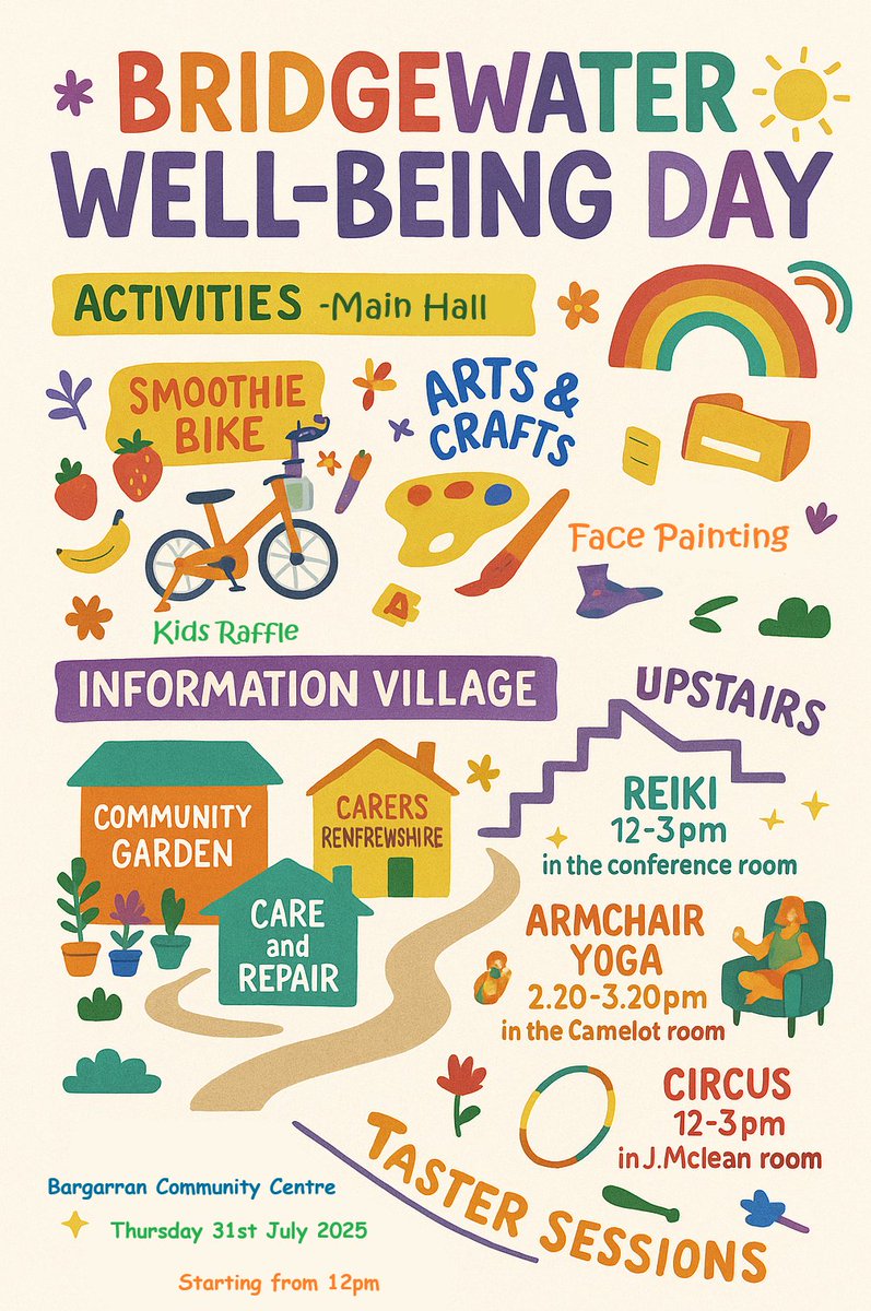 🌿 Save the Date: Wellbeing Day at Bargarran! 🌿

We're thrilled to announce our first Wellbeing Day on Thursday 31 July 2025 at Bargarran Community Centre! The event plans to focus on health, relaxation, and community connection 💚

find out more here: bridgewaterha.org.uk/save-the-date-…