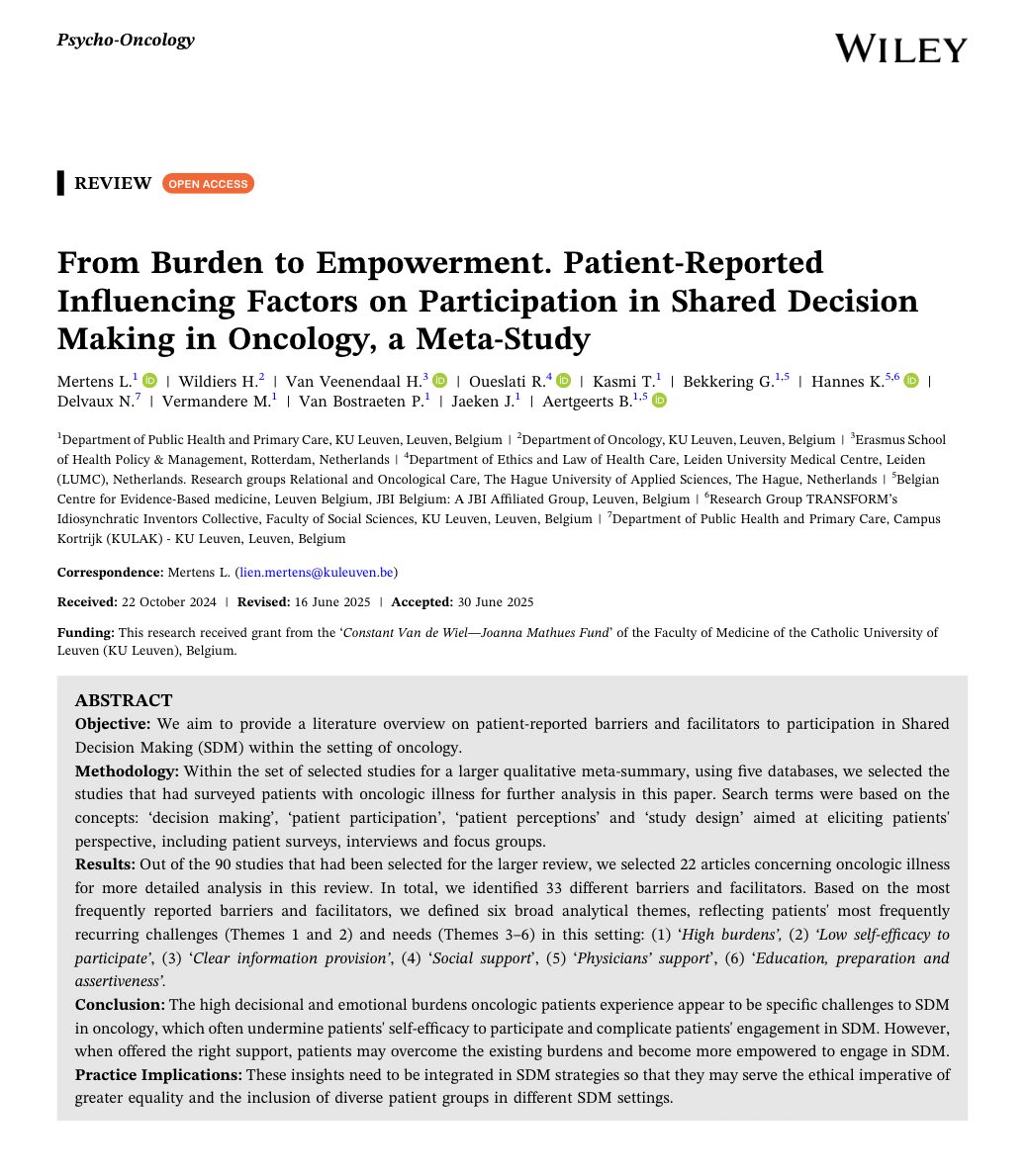 PsyOnc's tweet image. 🗣️ What helps - or hinders - pts w cancer from engaging in Shared Decision Making (SDM)?
📚 This review @PsyOnc identifies 33 patient-reported barriers & facilitators, from emotional burden to physician support
onlinelibrary.wiley.com/doi/10.1002/po…