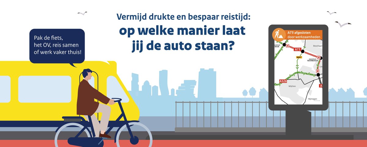We gaan verder met het groot onderhoud aan de #A73. 👷Van 22 augustus t/m 20 oktober werkt Rijkswaterstaat tussen knooppunt Ewijk en Wijchen. Reken op 15–30 min extra reistijd. 💡 Kies waar mogelijk voor OV, 🚲 of thuiswerken. Meer info: rws.nl/A73-onderhoud-…