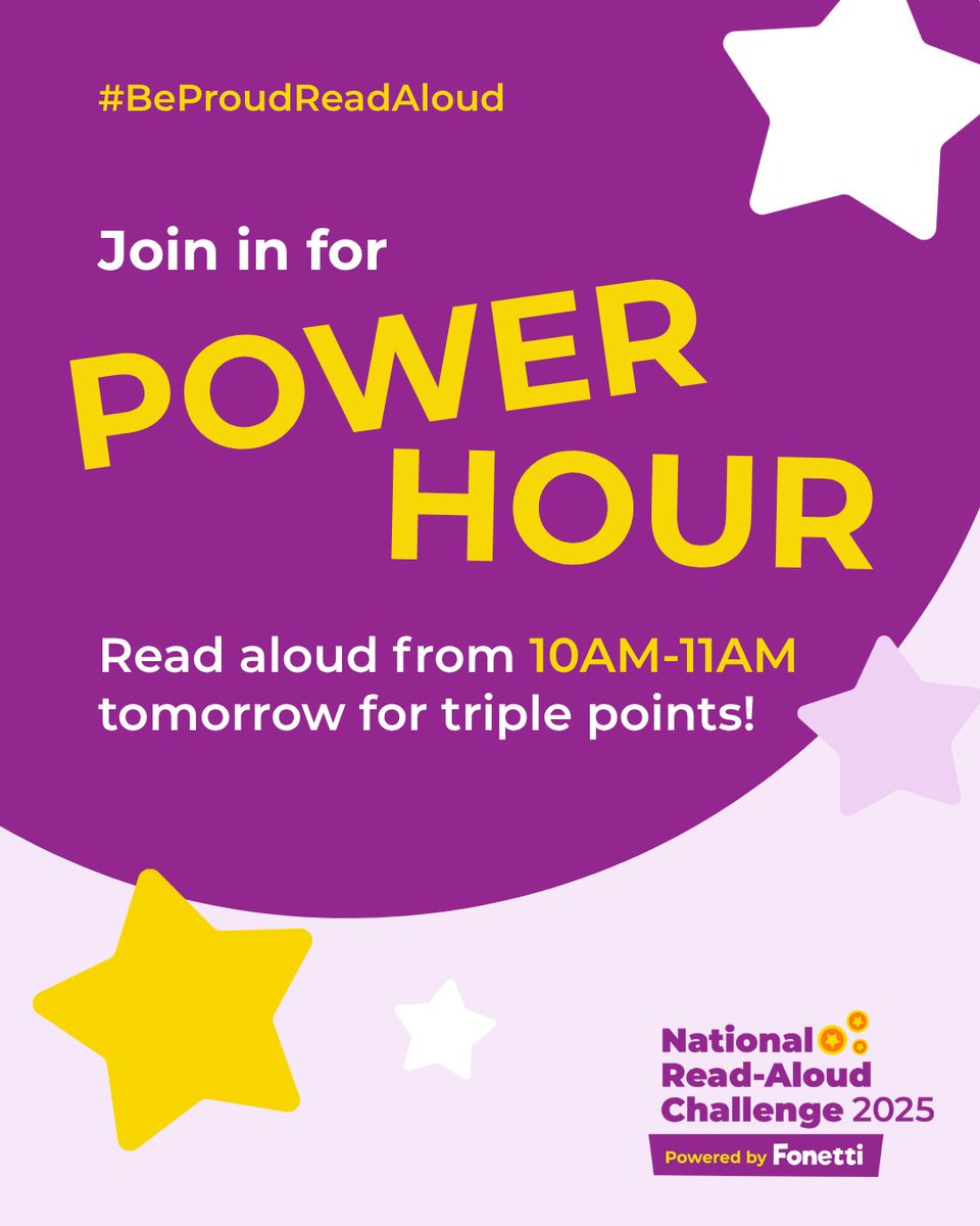 💪Tomorrow is another Power Hour day!

Read from 10AM-11AM for TRIPLE points in the #NationalReadAloudChallenge tomorrow morning, applicable to any of the storybooks available on the Fonetti read-aloud app.

#BeProudReadAloud #UKReadAloud