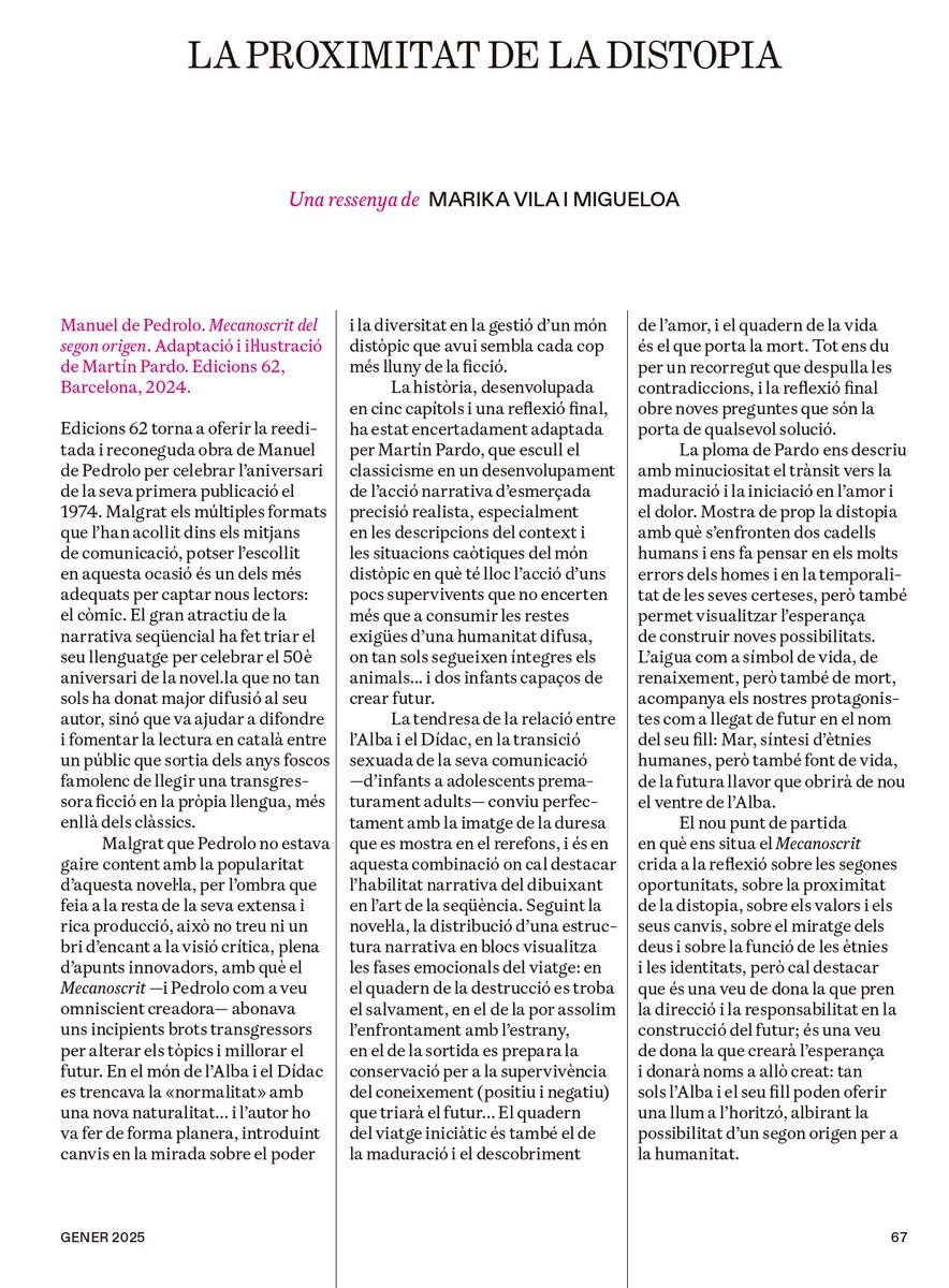 Grup62's tweet image. 💭📖 “La història, desenvolupada en cinc capítols i una reflexió final, ha estat encertadament adaptada per Martín Pardo.”
🗞 A @serra_dor escriuen sobre el llibre ‘Mecanoscrit del segon origen’ de Manuel de Pedrolo, el clàssic català que torna en format còmic (Martín Pardo).