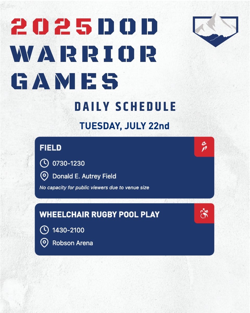 dodwarriorgames's tweet image. Day 5 of Warrior Games will feature field and wheelchair rugby. Watch LIVE at dodwarriorgames.com (free) or on ESPN+ (with a subscription). Let’s go Warriors!
ESPN+ Broadcast: Field Competition airing 1730 - 2000 ET.