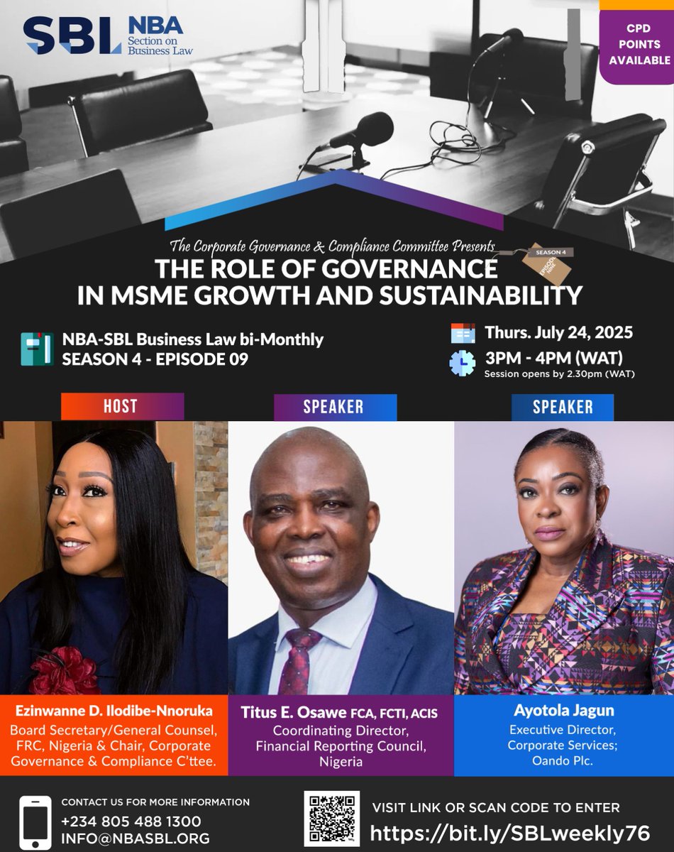 nbasblofficial's tweet image. BUSINESS LAW bi-MONTHLY IS BACK!
The NBA-SBL Business Law bi-Monthly Session (Season 4, Episode 09) hosted by our Corporate Governance & Compliance Committee is scheduled as follows:
TOPIC: The Role of Governance in MSME Growth and Sustainability.
📅 Date: Thursday, July 24,…
