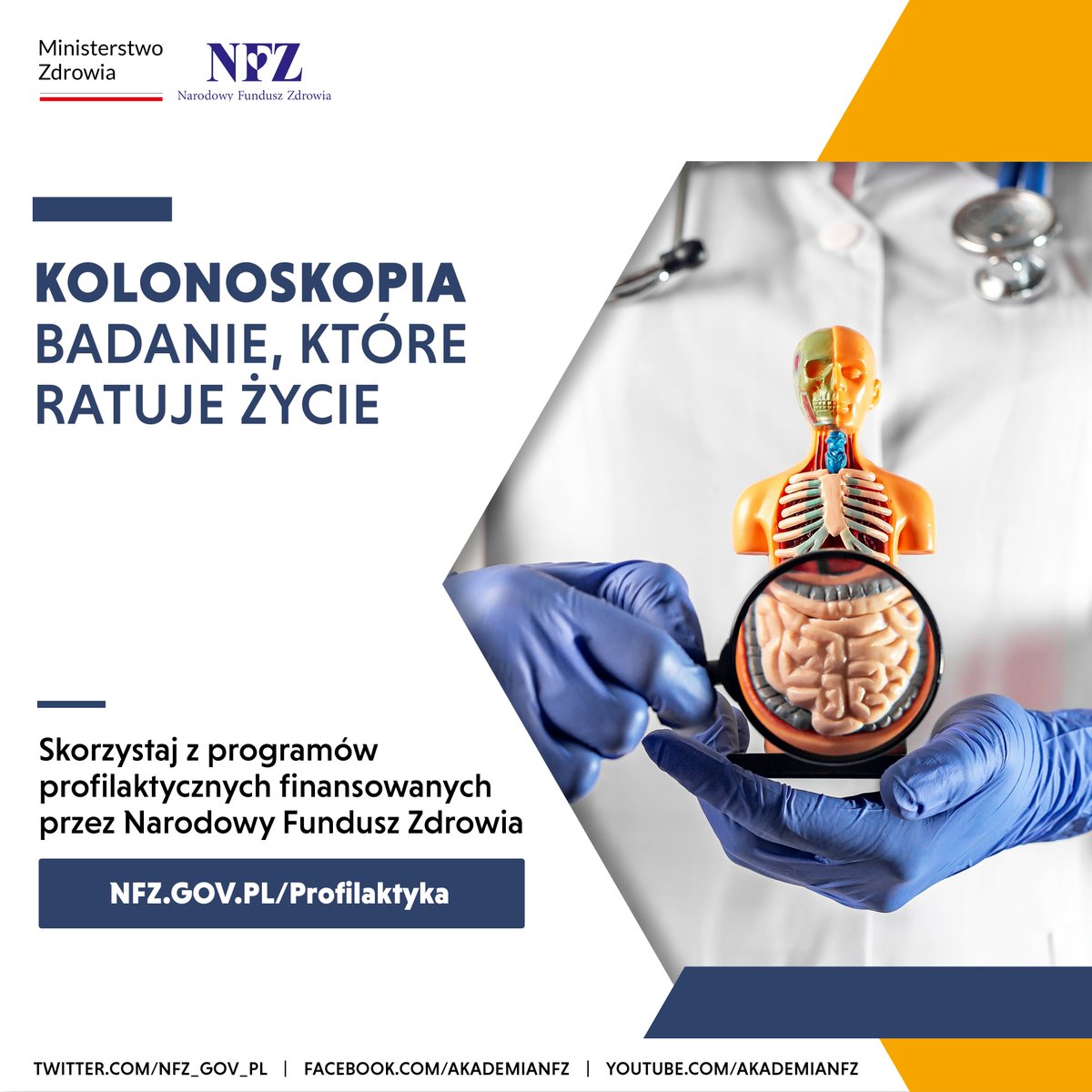 #ProfilaktykaRakaJelitaGrubego

Dla osób,które:

🔹nie mają objawów sugerujących nowotwór jelita grubego
🔹nie miały wykonywanej kolonoskopii w ciągu ost. 10 lat
🔹spełniają kryterium:
🔸50-65 lat
🔸40-49 lat – jeśli Twój krewny I stopnia miał diagnozę nowotworu jelita grubego.