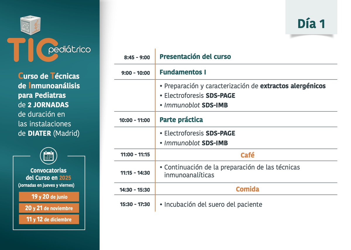 SEICAP's tweet image. 📢Nueva edición del curso de Técnicas de Inmunoanálisis para Pediatras   

Se celebrará en dos convocatorias:   

20 y 21 de noviembre  
11 y 12 de diciembre    

📍En las instalaciones de Diater de Madrid  

Dirigido a profesionales de la pediatría
seicap.es/nueva-edicion-…