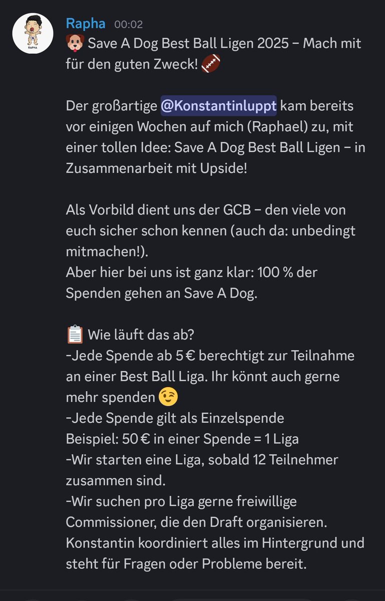 Raphael (@raphaelupside) on Twitter photo Nabend zusammen – kurze Info:
Es gibt aktuell Best Ball Ligen für den guten Zweck!
🐾 Alle Spenden gehen an Save A Dog Germany – jede Hilfe zählt.
💸 Mitmachen könnt ihr schon ab 5 € – let’s go!
paypal.com/paypalme/upsid…
<a href="/Upsidefantasy/">Upside - Fantasy Football Podcast</a> Nabend zusammen – kurze Info:
Es gibt aktuell Best Ball Ligen für den guten Zweck!
🐾 Alle Spenden gehen an Save A Dog Germany – jede Hilfe zählt.
💸 Mitmachen könnt ihr schon ab 5 € – let’s go!
paypal.com/paypalme/upsid…
<a href="/Upsidefantasy/">Upside - Fantasy Football Podcast</a>