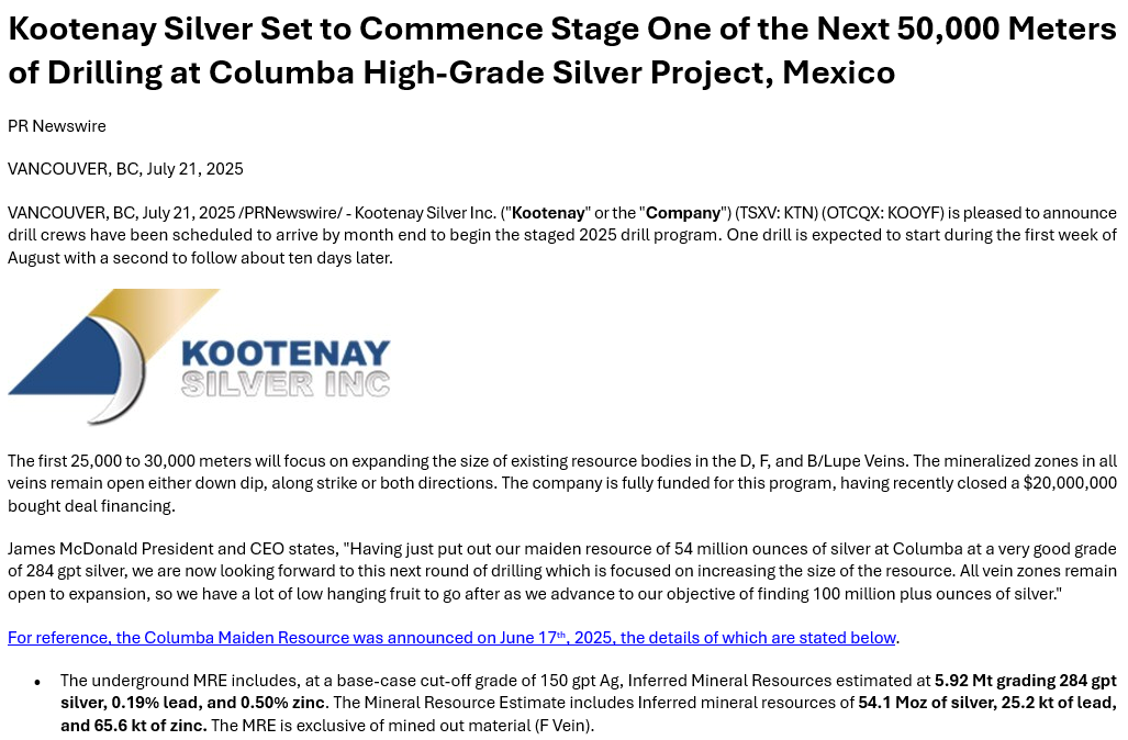 goldseek's tweet image. Kootenay Silver raised $20M and is back drilling with a 25-30K meter program to expand the size of the silver deposit -- the maiden resource of 54M/ozs of silver.
Looks like $KTN.v is on the accelerated path to reaching 100M+ ozs of silver resources after this round of drilling!