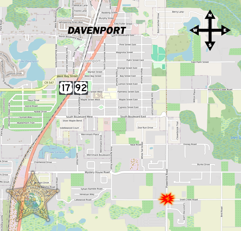 PolkCoSheriff's tweet image. #TrafficAlert for Davenport area.
The PCSO is on the scene of a fatal crash at Powerline Road and Snell Creek Road, south of Davenport.
Units were dispatched at about 5:37 am.
Preliminary information indicates that two vehicles were involved, and one person is deceased.…