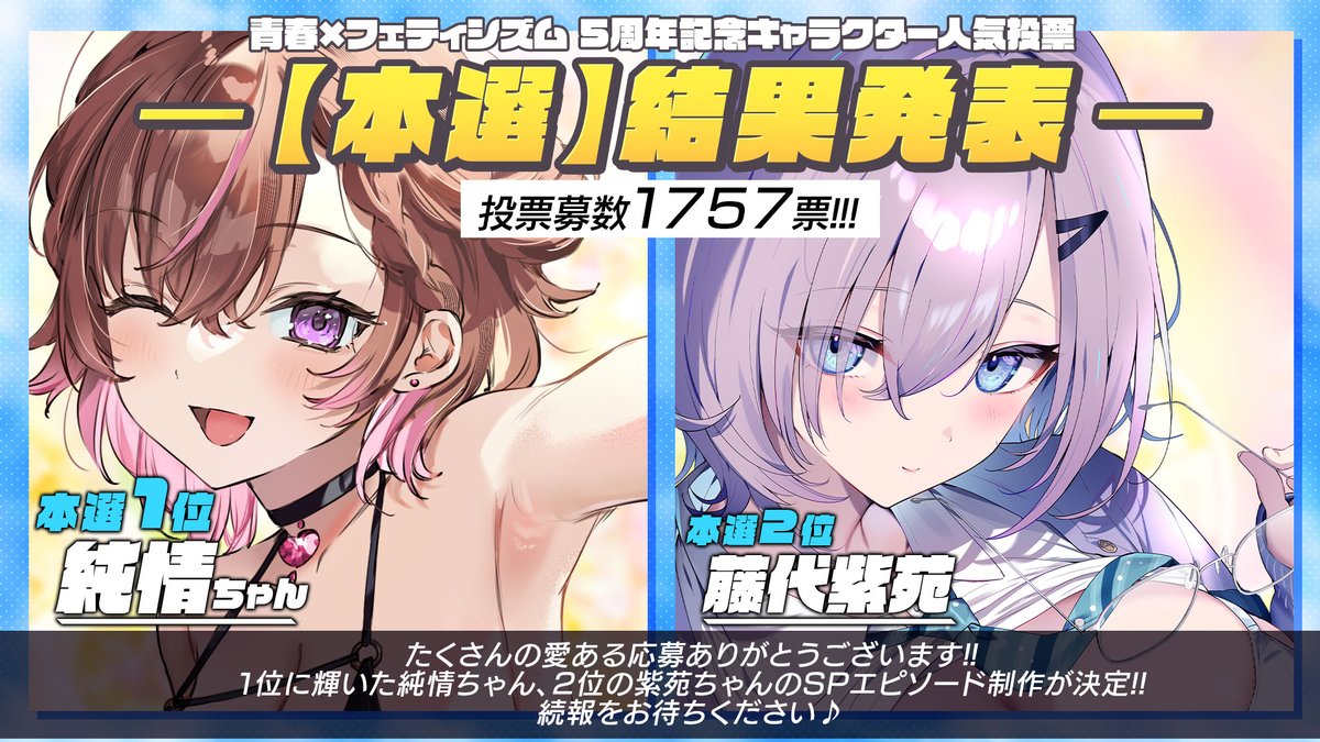 【🎊キャラクター人気投票発表🎊】
青春×フェティシズム『キャラクター人気投票』
最終結果発表だわめ!!🥳🎉🎉🎉

・１位『純情ちゃん』🥇
・２位『藤代紫苑』ちゃん🥈

フレンズの応援ありがとわめぇぇ!!!
１位と２位のヒロインちゃんにはSPエピソードの
制作も決定!!
続報を待ってて欲しいわめ!!😘