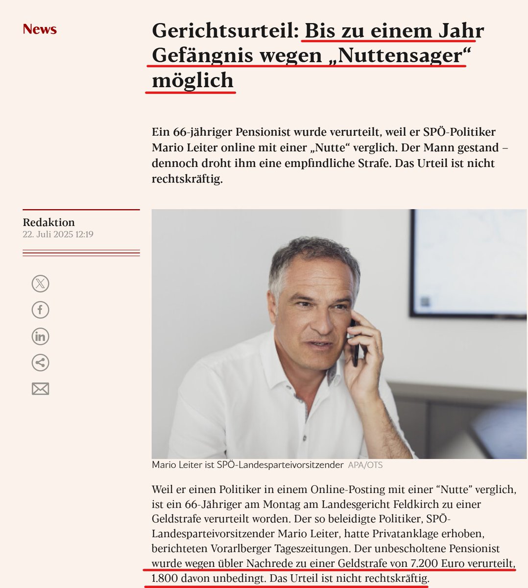 Exxpress Headline: "Bis zu einem Jahr Gefängnis wegen „Nuttensager“ möglich".

Im gleichen Artikel: "Der unbescholtene Pensionist wurde wegen übler Nachrede zu einer Geldstrafe von 7.200 Euro verurteilt, 1.800 davon unbedingt".

#journalismusamlimit