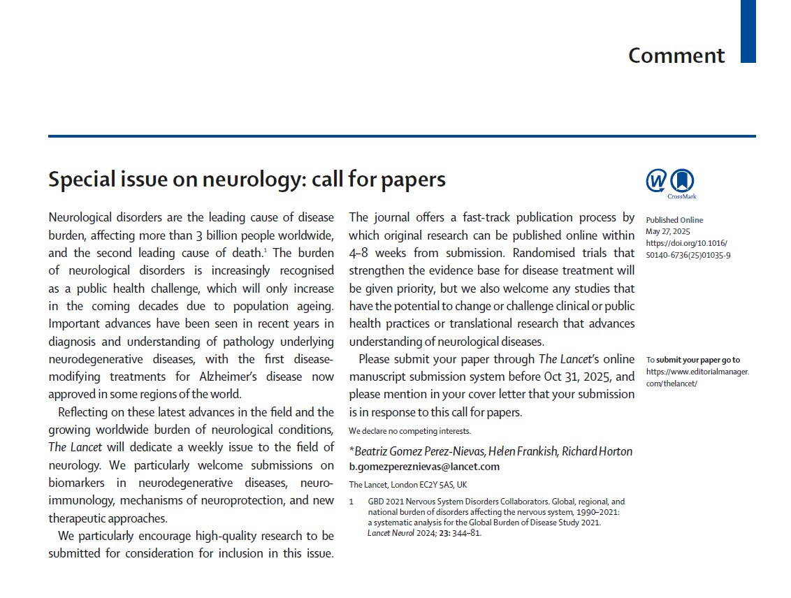 TheLancet's tweet image. 📢 Call for papers 📢
The Lancet has issued a call for papers for a special issue on neurology. Deadline: Oct 31, 2025
Find out more ⬇️
hubs.li/Q03y9FM30 #WorldBrainDay