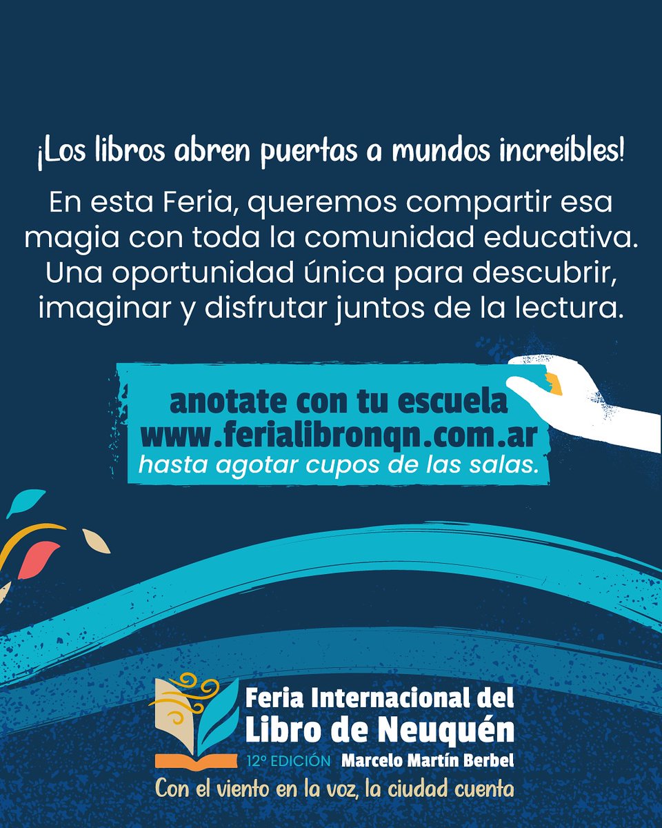 ¡Llegaron las visitas escolares a la 12° Feria Internacional del Libro de Neuquén “Marcelo Martín Berbel”! 
• Visitas del lunes 15 al viernes 19 de septiembre.
• Turnos: Mañana (9:30h a 11:40h) y Tarde (14:00h a 15:30h).

• ¡Inscribí a tu escuela! En ferialibronqn.com.ar