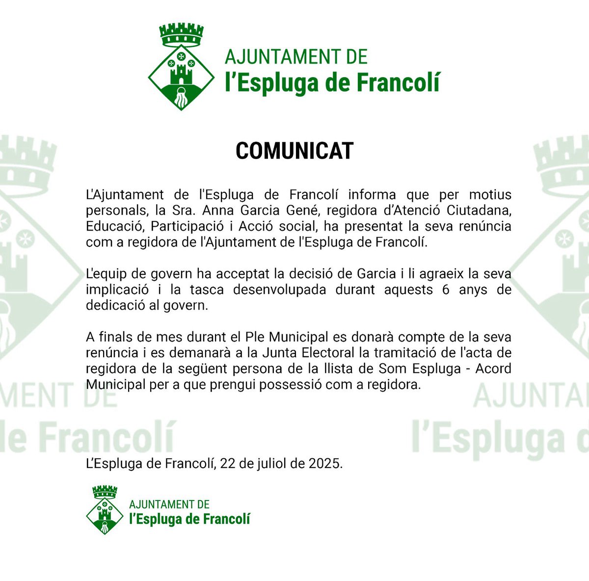 🔴 COMUNICAT: La regidora, Anna Garcia, presenta la seva renúncia com a regidora de l'Ajuntament de l'Espluga de Francolí.