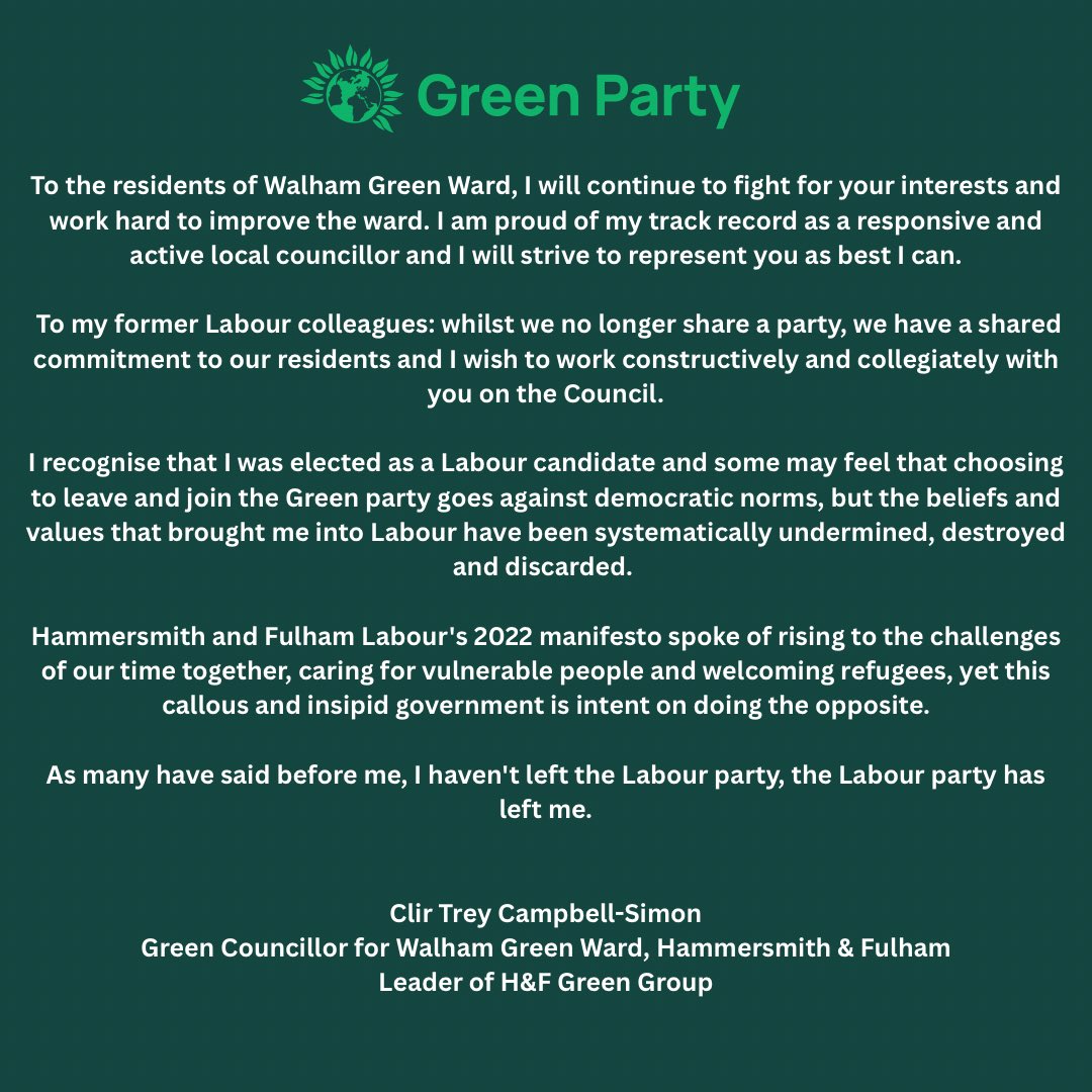 Trey_CS's tweet image. After 8 years membership.
I I have today resigned from the Labour party and joined @TheGreenParty 💚
My statements below 👇🏾