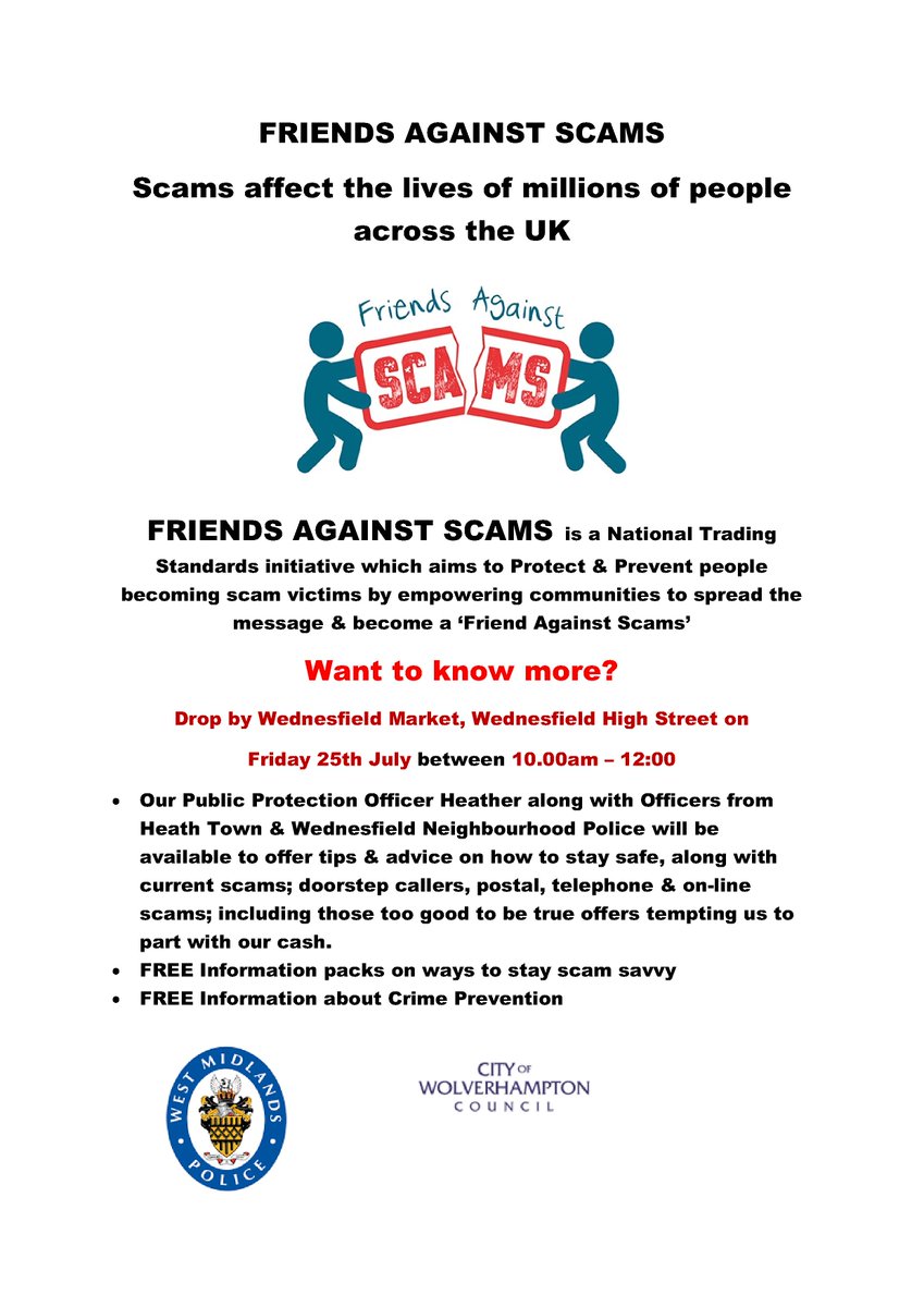 WV Public Protection (@wvprotect) on Twitter photo Officers from <a href="/WednesfieldWMP/">Wednesfield & Heath Town Police</a> & Public Protection will be visiting <a href="/WV_MarketPlace/">Wton's Markets</a> #Wednesfield this Friday to answer your crime prevention & scams queries. Please see the poster for details. ^LJ Officers from <a href="/WednesfieldWMP/">Wednesfield & Heath Town Police</a> & Public Protection will be visiting <a href="/WV_MarketPlace/">Wton's Markets</a> #Wednesfield this Friday to answer your crime prevention & scams queries. Please see the poster for details. ^LJ