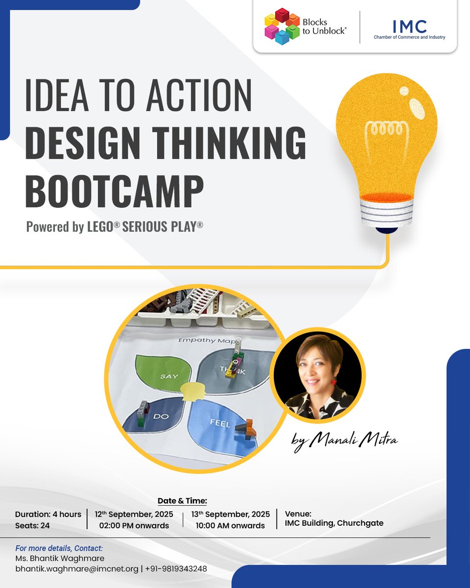 IMC Chamber of Commerce and Industry (@imc_india) on Twitter photo IMC, in collaboration with Blocks to Unblock, is organizing a hands-on Design Thinking Bootcamp to turn ideas into action, led by Manali Mitra (<a href="/Lucid_Interval1/">Manali Mitra</a>), powered by LEGO® SERIOUS PLAY®.
📅 12th September, 2025 — ⏰ 02:00 PM onwards
📅 13th September, 2025 — ⏰ 10:00 AM IMC, in collaboration with Blocks to Unblock, is organizing a hands-on Design Thinking Bootcamp to turn ideas into action, led by Manali Mitra (<a href="/Lucid_Interval1/">Manali Mitra</a>), powered by LEGO® SERIOUS PLAY®.
📅 12th September, 2025 — ⏰ 02:00 PM onwards
📅 13th September, 2025 — ⏰ 10:00 AM