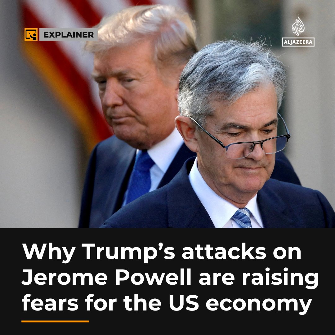 AJEnglish's tweet image. US President Trump has spent months attacking US Federal Reserve Chairman Jerome Powell for not lowering interest rates more quickly, raising concerns for the independence of the Federal Reserve.
Here's all you need to know aje.io/dt0z3f