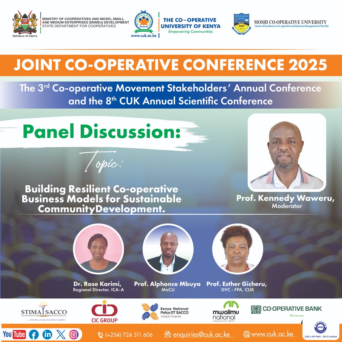 Our Deputy Vice-Chancellor (Finance, Planning and Administration), Prof. Esther Gicheru, Dr. Rose Karimi from the <a href="/ICA_AFRICA1/">International Cooperative Alliance - Africa</a>, and Dr. Alphonce Mbuya from <a href="/MoCU_Official/">mocu_official</a> engage in a plenary panel discussion on "Building Resilient Co-operative Business Models for Sustainable