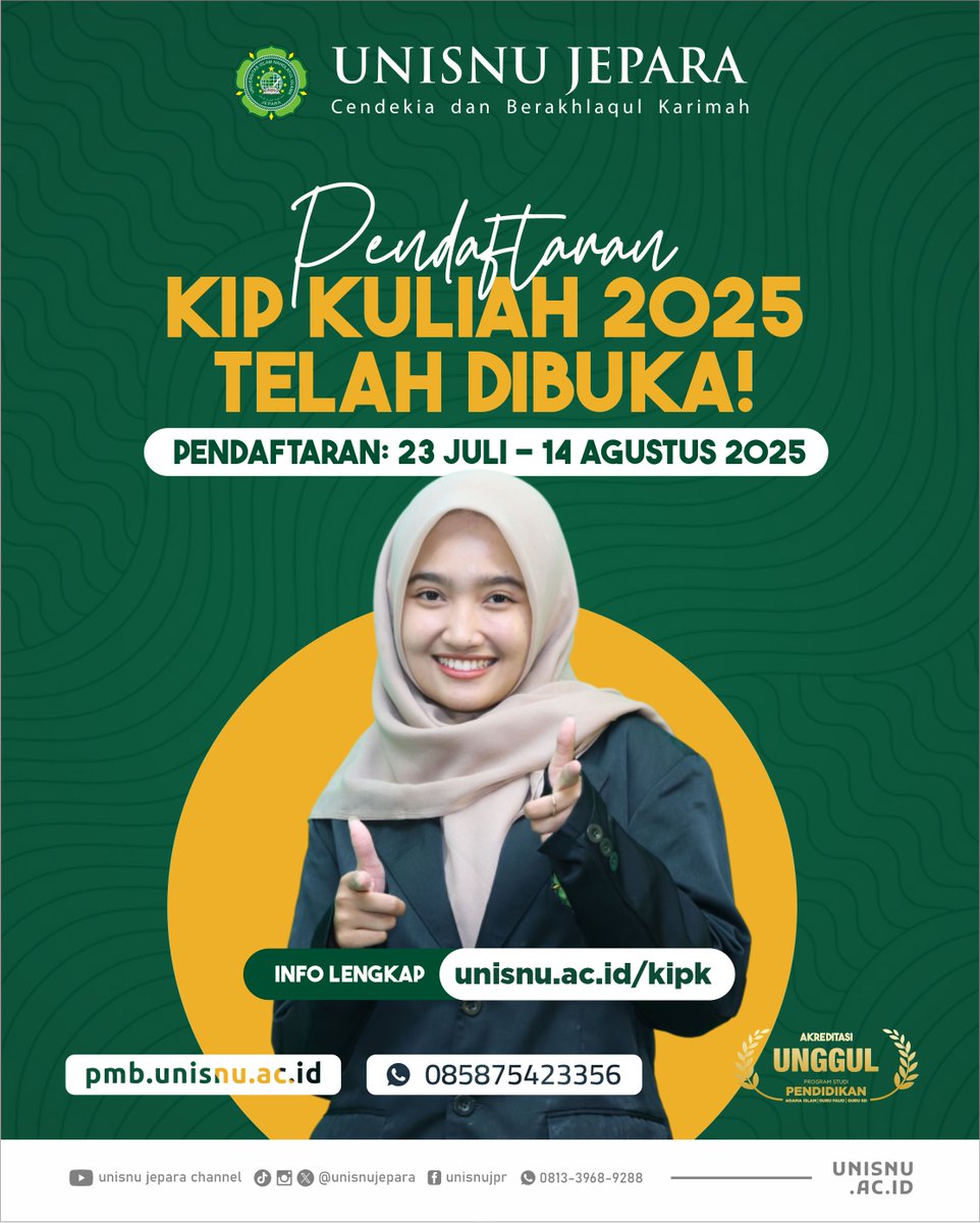 Bagi kalian yang minat kuliah tinggi, prestasi OK, namun terkendala biaya, silakan bisa mencobanya. KIP Kuliah di UNISNU Jepara buka pendaftaran mulai 23 Juli-14 Agustus 2025. Buruan ya ...

#PMB #UnisnuJepara #KIP