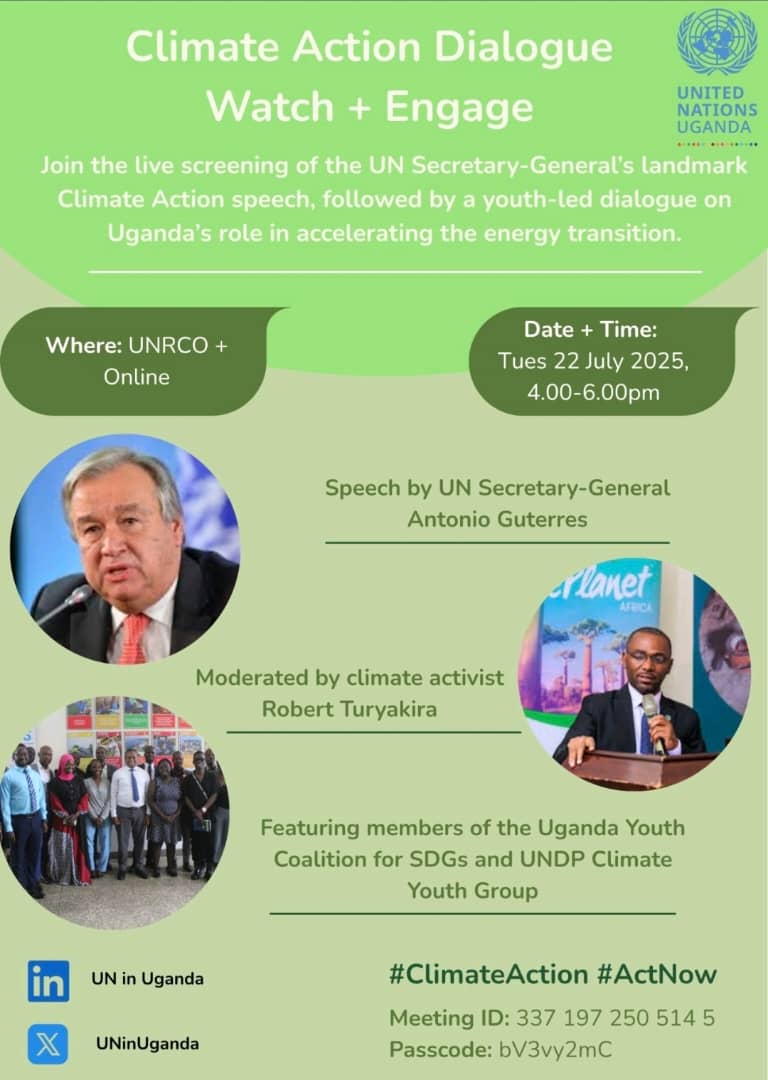 Uganda Youth Coalition for SDGs (@youth4sdgsuga) on Twitter photo Join the Climate Action Dialogue today, 22 Jul 2025, 4:00-6:00pm EAT! Watch UN SG <a href="/antonioguterres/">António Guterres</a>' speech & youth-led dialogue on Uganda's energy transition. Online + UNRCO. Moderated by <a href="/RobertTuryakira/">TURYAKIRA ROBERT</a>. #ClimateAction #HLPF2025 Meeting ID: 337 197 250 514 5, Passcode: bV3vy2mC Join the Climate Action Dialogue today, 22 Jul 2025, 4:00-6:00pm EAT! Watch UN SG <a href="/antonioguterres/">António Guterres</a>' speech & youth-led dialogue on Uganda's energy transition. Online + UNRCO. Moderated by <a href="/RobertTuryakira/">TURYAKIRA ROBERT</a>. #ClimateAction #HLPF2025 Meeting ID: 337 197 250 514 5, Passcode: bV3vy2mC
