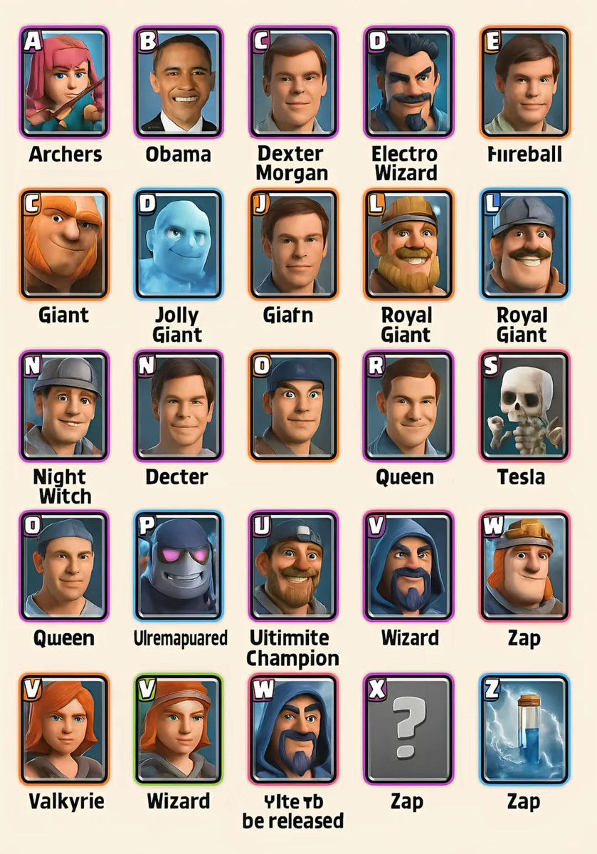 ChatgptLunatics's tweet image. “Create an alphabet using Clash Royale cards”