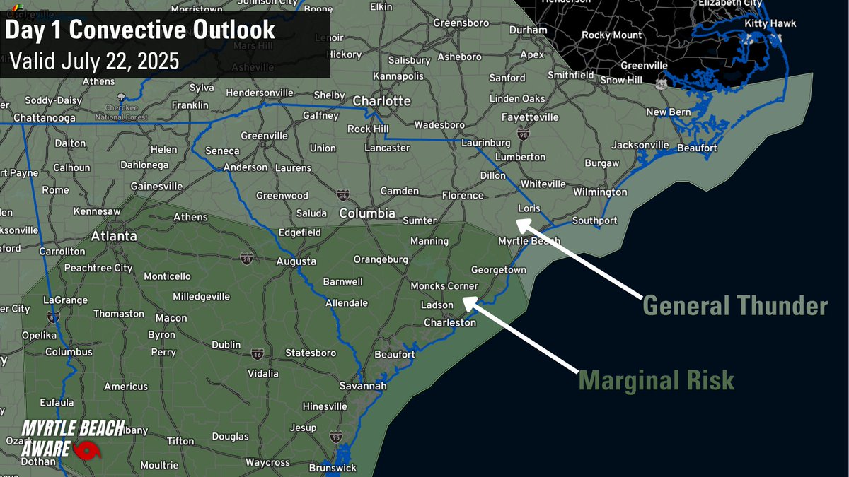mbAwareWx's tweet image. Scattered storms expected today across the Carolinas. Localized flooding possible. Humidity stays high but some drier air may move in overnight.

We’ll be LIVE if severe warnings are issued.

#CarolinasWeather #MyrtleBeach #StormTracking #WeatherUpdate #Flooding