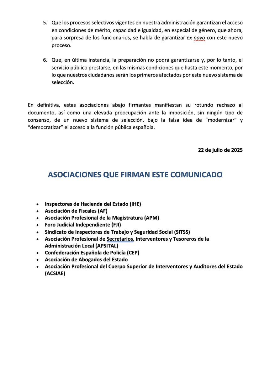 ❌ 📌 Las asociaciones de funcionarios y de jueces y fiscales, abajo firmantes,  manifiestan su rotundo rechazo a los cambios en las oposiciones y expresan su preocupación  ante la imposición, sin ningún tipo de consenso, de un nuevo sistema de selección, bajo la falsa idea de