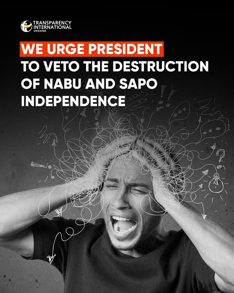 TransparencyUA's tweet image. ❗️MPs adopt with 263 votes the draft law #12414, destroying independence of #NABU & #SAPO.
This is a massive setback in anti-corruption reform and direct threat to 🇺🇦's path to the EU!
We call on @ZelenskyyUa to veto the destructive changes!
Statement👉bit.ly/4m87ApP