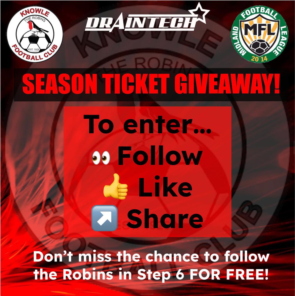Knowle_FC's tweet image. 🎟️ 𝗦𝗘𝗔𝗦𝗢𝗡 𝗧𝗜𝗖𝗞𝗘𝗧 𝗚𝗜𝗩𝗘𝗔𝗪𝗔𝗬!
We’re giving away 𝗢𝗡𝗘 𝗳𝗿𝗲𝗲 𝘀𝗲𝗮𝘀𝗼𝗻 𝘁𝗶𝗰𝗸𝗲𝘁 for the 2025/26 season at 𝗧𝗵𝗲 𝗗𝗿𝗮𝗶𝗻𝘁𝗲𝗰𝗵 𝗖𝗼𝗺𝗺𝘂𝗻𝗶𝘁𝘆 𝗔𝗿𝗲𝗻𝗮 🔴⚫️
To enter:
👀 Follow us
👍 Like
🔁 Retweet & tag a mate!
🗓️ Deadline: Fri 1st August