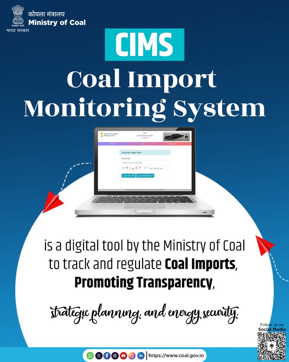 The CIMS Portal by the Ministry of Coal streamlines coal import data collection and analysis, enabling better policy formulation and fostering the vision of Atmanirbhar Bharat in energy security.

#DigitalIndia
#CIMS
#EnergySecurity
#MinistryofCoal
