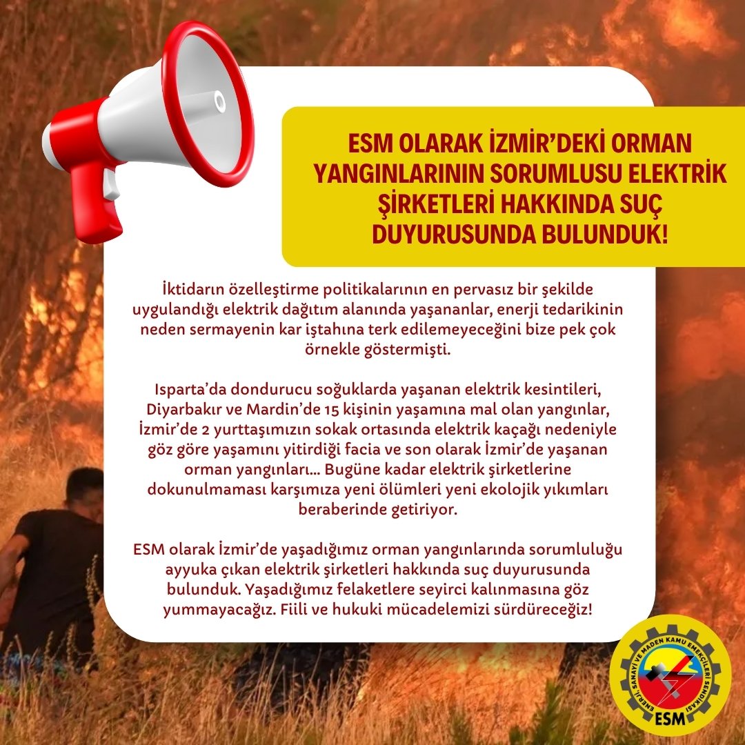 ESM_GM's tweet image. ESM olarak İzmir'deki orman yangınlarının sorumlusu olan elektrik şirketleri hakkında suç duyurusunda bulunduk. ⬇️
esm.org.tr/esm-olarak-izm…