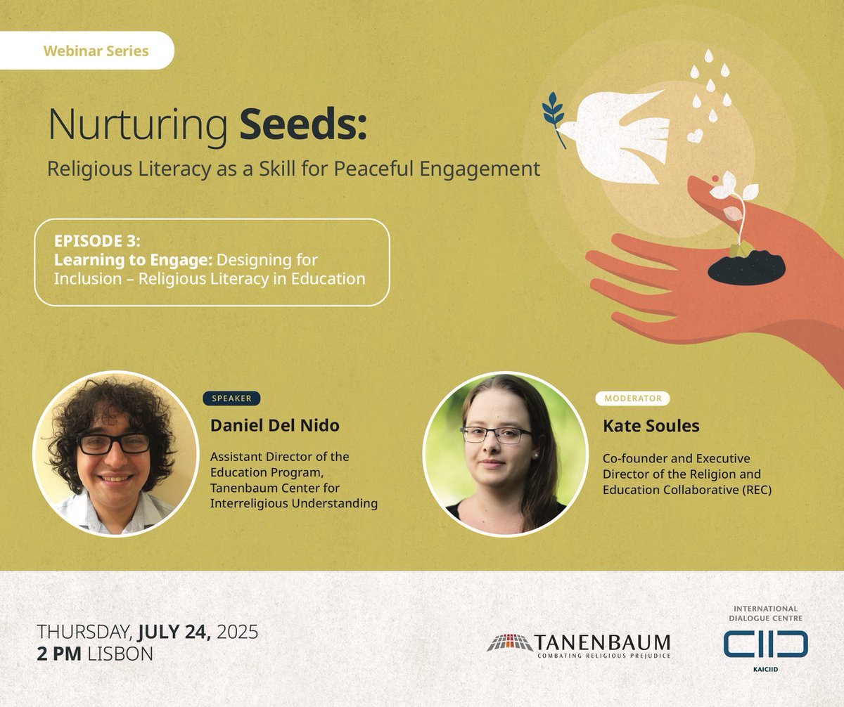KAICIID's tweet image. 🎓 Episode 3 of 3: Learning to Engage – Religious Literacy in Education
How can schools foster inclusion & empathy across differences?
📅 30-min session
🎙️ Daniel Del Nido, @TanenbaumCenter
🔗 shorturl.at/M8wxG
Explore how #ReligiousLiteracy empowers educators to build…